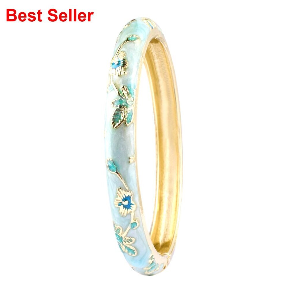 Vintage Flower Bangle Cloisonne Enamel Alloy Spring Hinge Bracelet